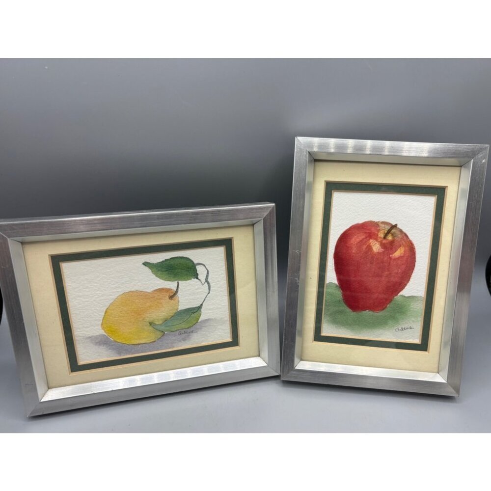 Set Of 2 Framed Watercolor Fruit‎ Prints Apple & Pear Signed Decor Kitchen